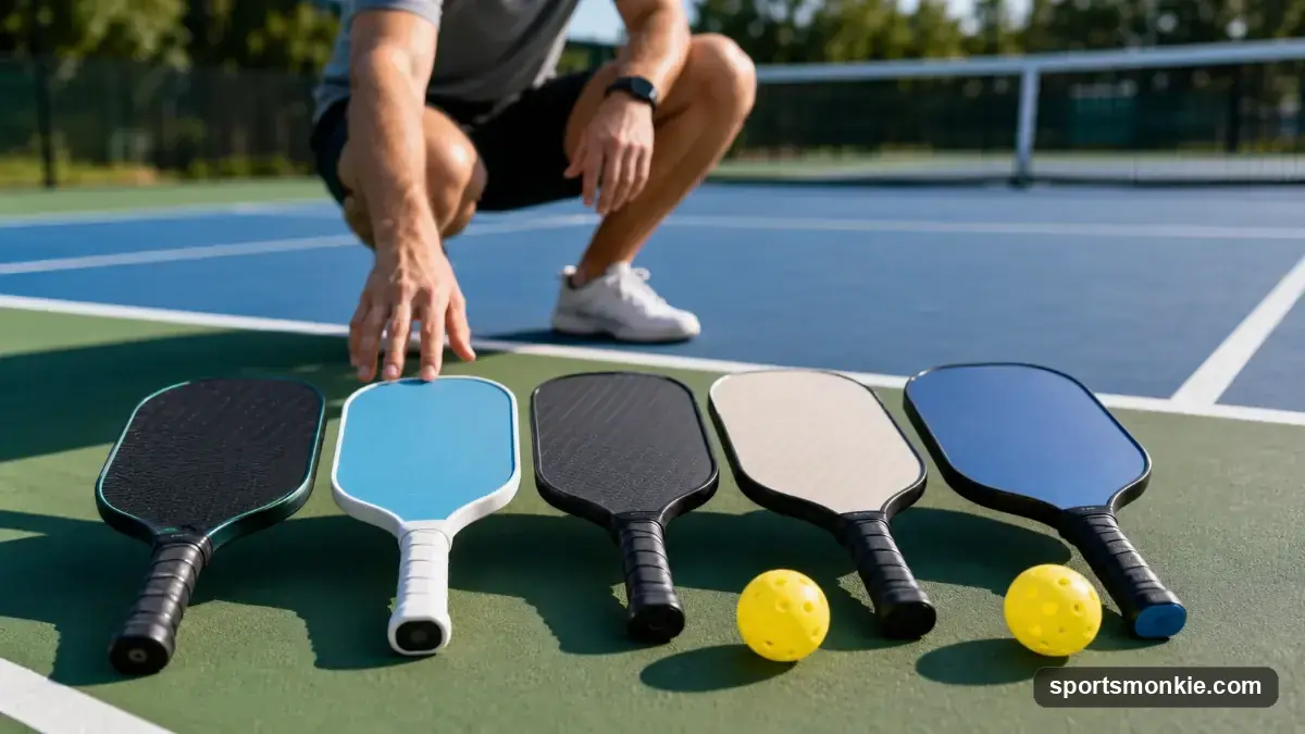 Beginner pickleball paddles of different weights and grip sizes laid out on a court