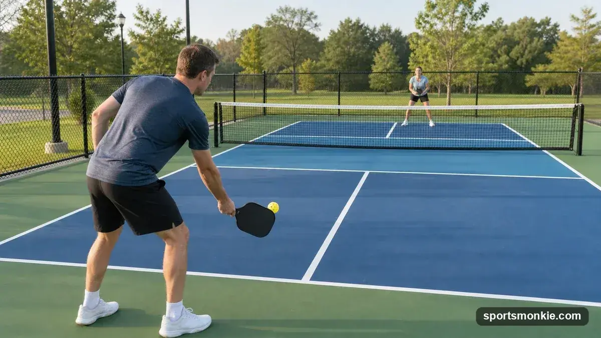 A beginner pickleball player serving on a court with the kitchen line visible