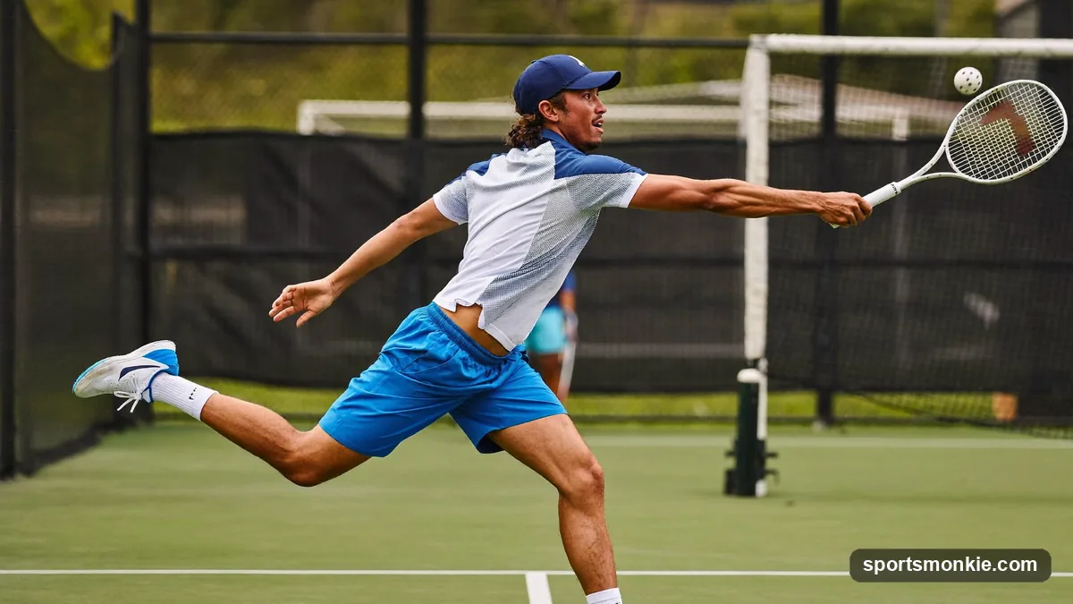 A pickleball player serving underhand from behind the baseline into the diagonal service court