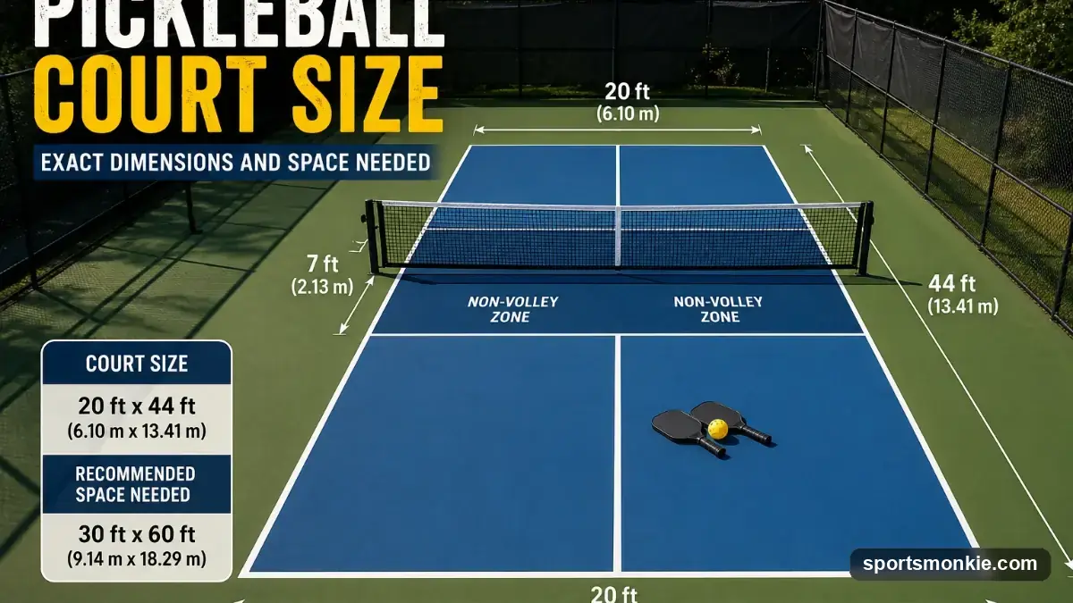 Diagram of a regulation pickleball court showing the 20 by 44 foot dimensions, kitchen, and net