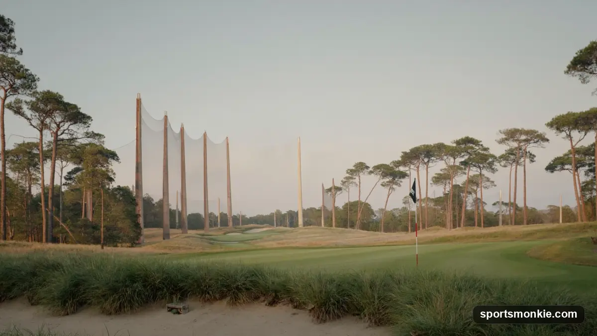 A caddie and golfer walking a sandy waste area beside a crowned green on Pinehurst No. 2