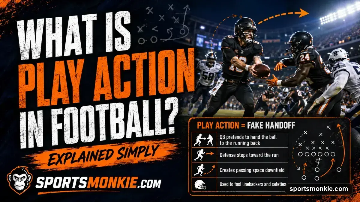 A quarterback faking a handoff on a play-action pass as defenders step toward the run