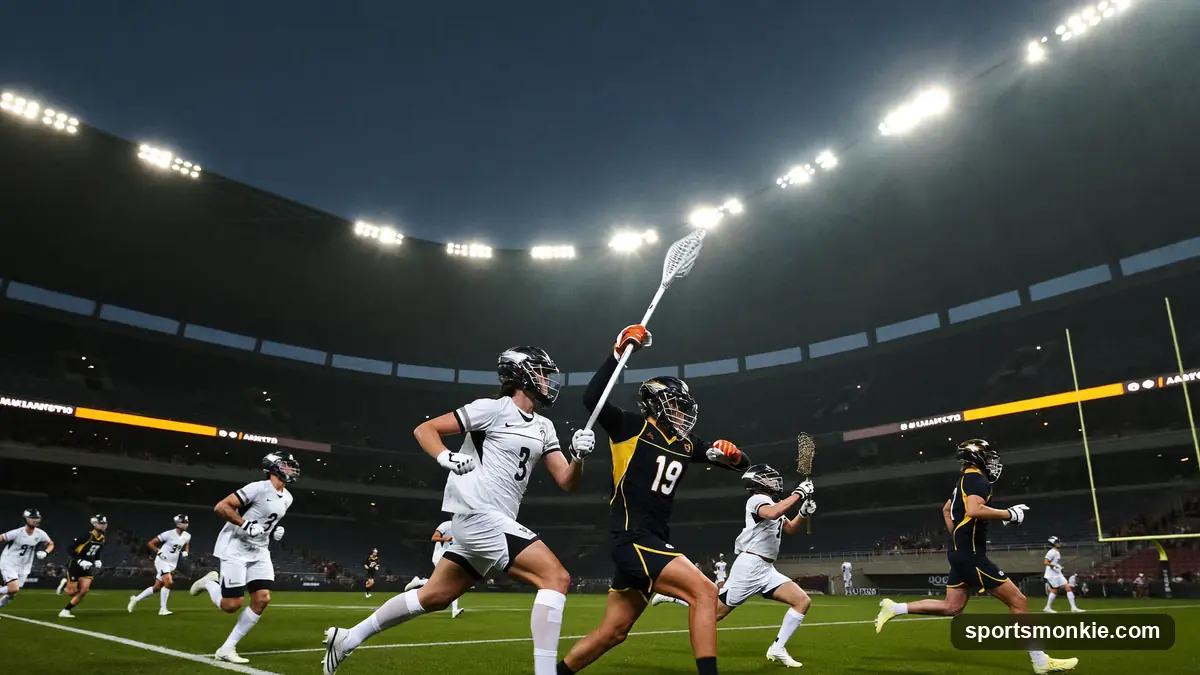 Professional field lacrosse players competing during a fast-paced match
