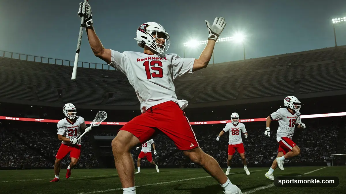 Professional field lacrosse player shooting from distance behind a two-point arc