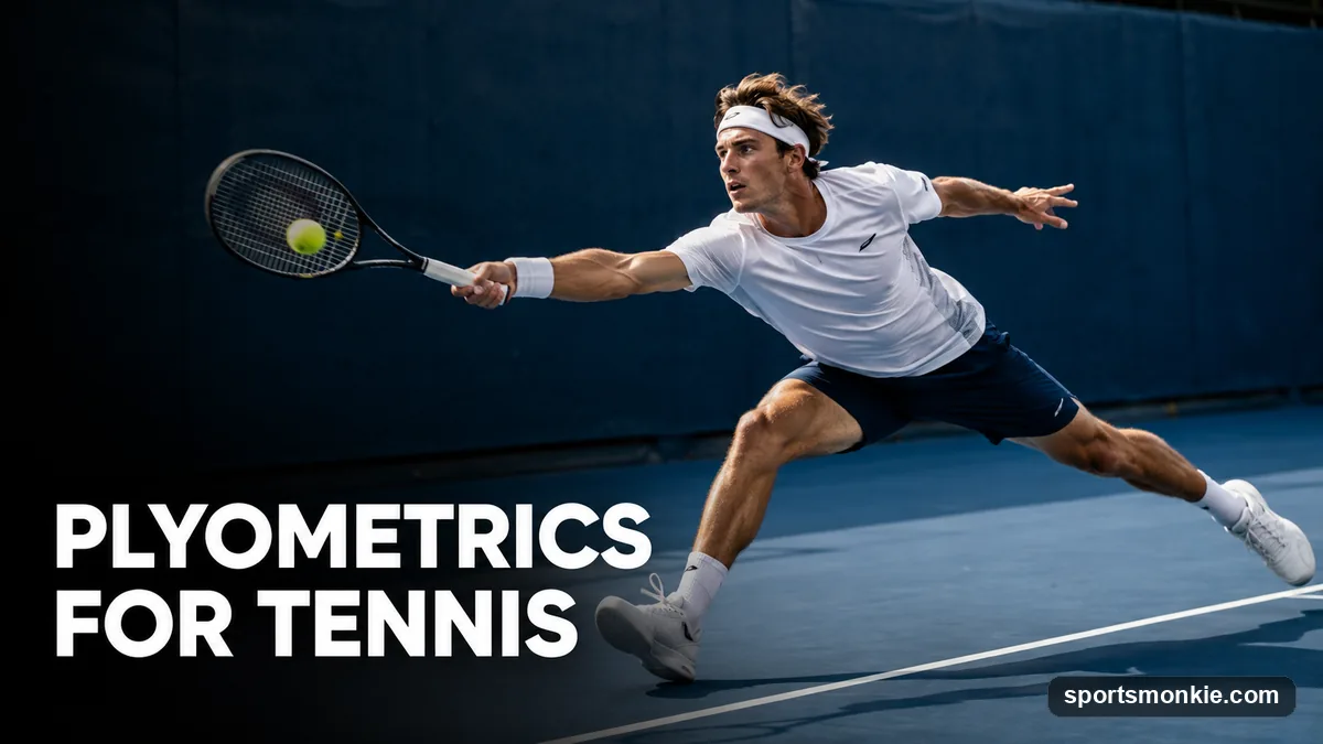 A tennis player performing a lateral bound plyometric drill beside a court