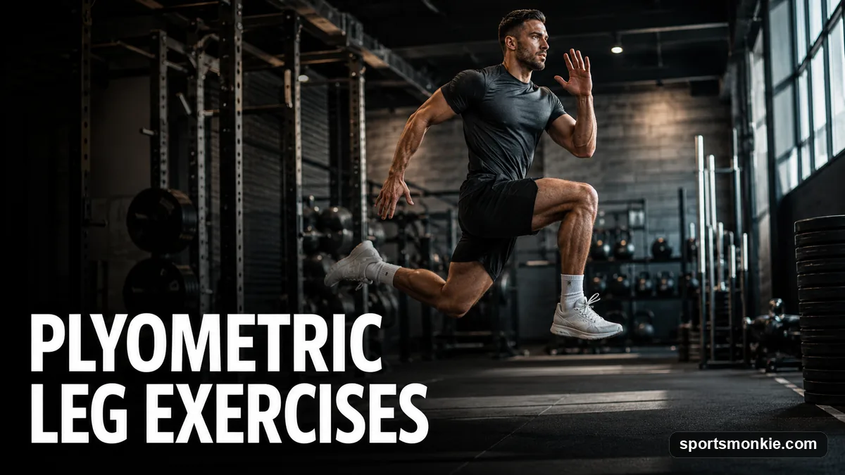An athlete performing an explosive squat jump as a plyometric leg exercise