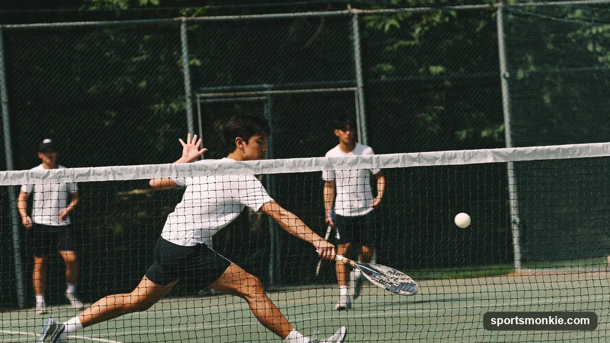 A pickleball player crossing over to poach a ball at the kitchen line in doubles