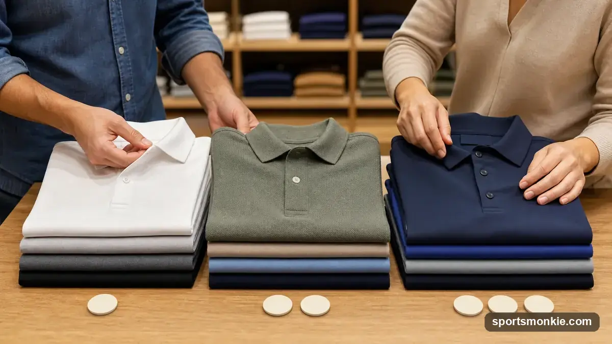 Three polo shirts in different price tiers laid out side by side showing fabric weight differences