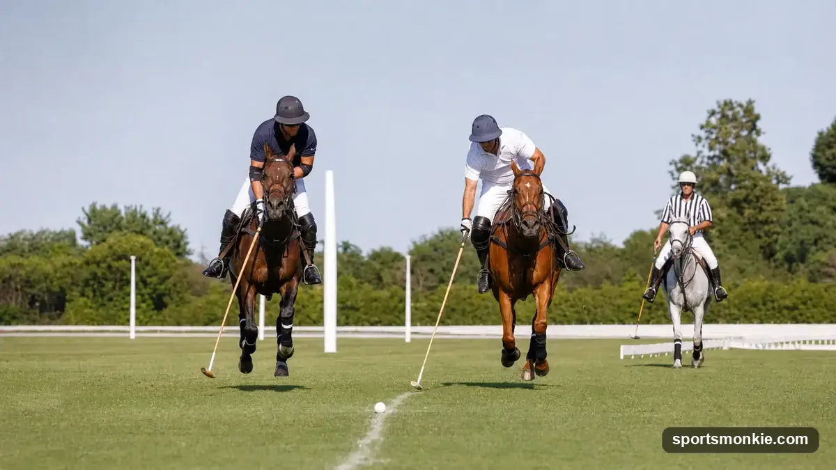 Two polo players on horseback contesting the ball with mallets on a grass field