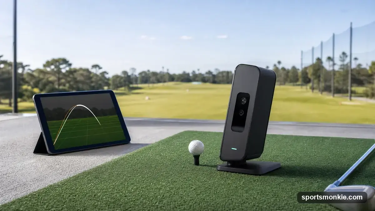 A golfer at a driving range with a compact portable launch monitor set up behind the ball on a tripod