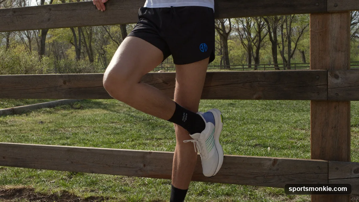 A runner performing a standing calf stretch against a wall after finishing a run
