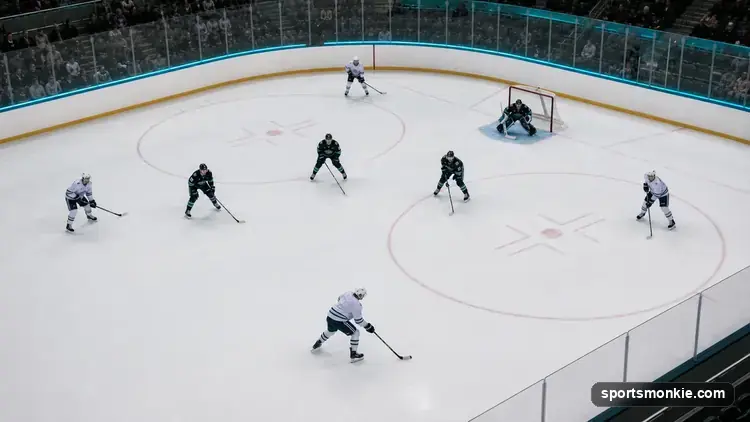 Hockey power play diagram showing an umbrella formation with five attacking skaters against four defenders and one penalty box