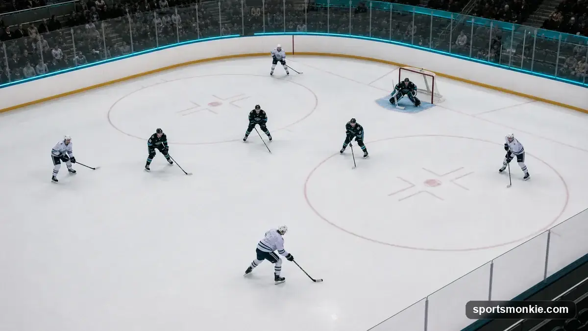 Hockey power play diagram showing an umbrella formation with five attacking skaters against four defenders and one penalty box