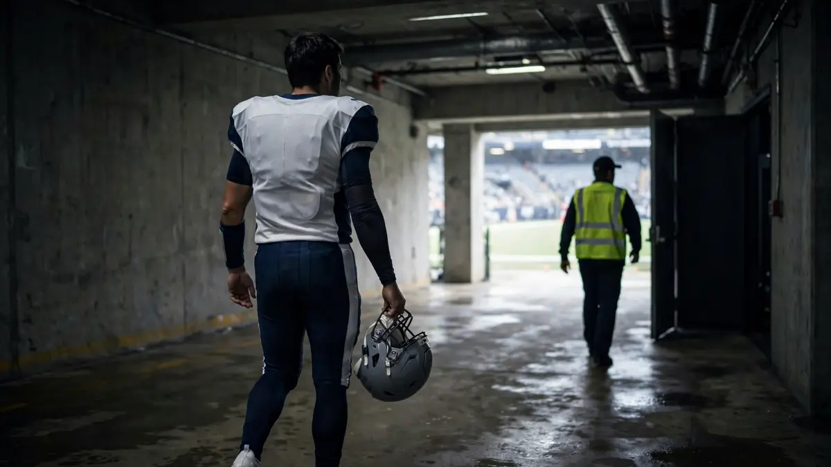 A generic quarterback in a plain white and navy uniform carrying his helmet and glancing back down a concrete stadium tunnel at a worker in a hi-vis vest who is turning away, editorial graphic
