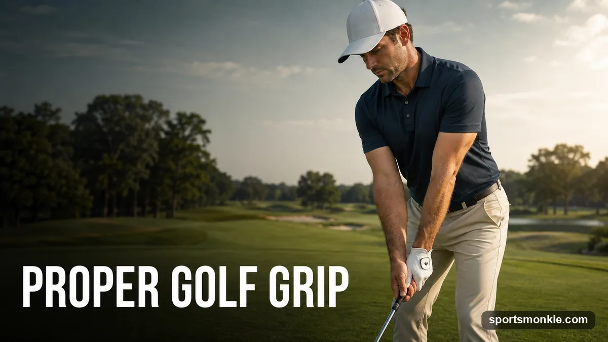 Golfer's hands demonstrating a proper neutral golf grip on the club handle with V's pointing to the trail shoulder