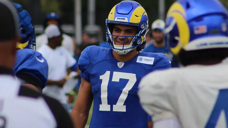 File photo from July 31, 2023: Puka Nacua at Los Angeles Rams training camp at UC Irvine. It is used to identify the player and does not show Thursday's practice injury. The 16:9 cropped derivative is offered under the same CC BY-SA 4.0 licence as the original.