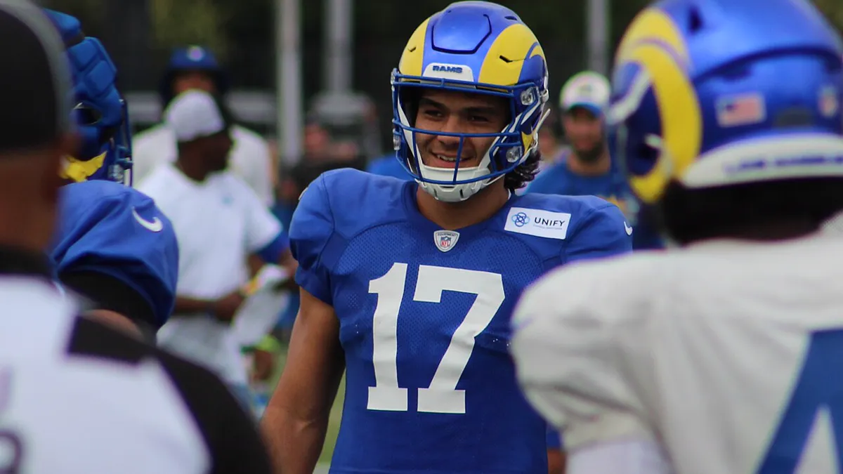 File photo from July 31, 2023: Puka Nacua at Los Angeles Rams training camp at UC Irvine. It is used to identify the player and does not show Thursday's practice injury. The 16:9 cropped derivative is offered under the same CC BY-SA 4.0 licence as the original.