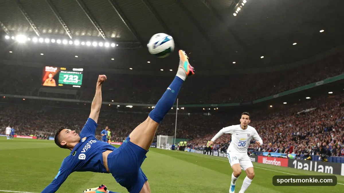 Footballer striking a spectacular volley toward goal under stadium lights
