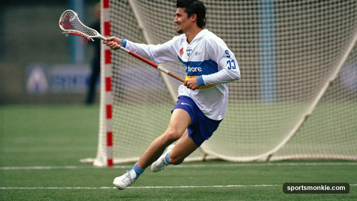 An attackman redirecting a feed into the goal in one motion during a lacrosse game in front of the crease