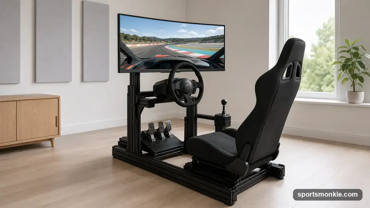 A driver seated in an aluminum-extrusion sim racing rig with a direct-drive wheel, pedals, and triple-monitor setup
