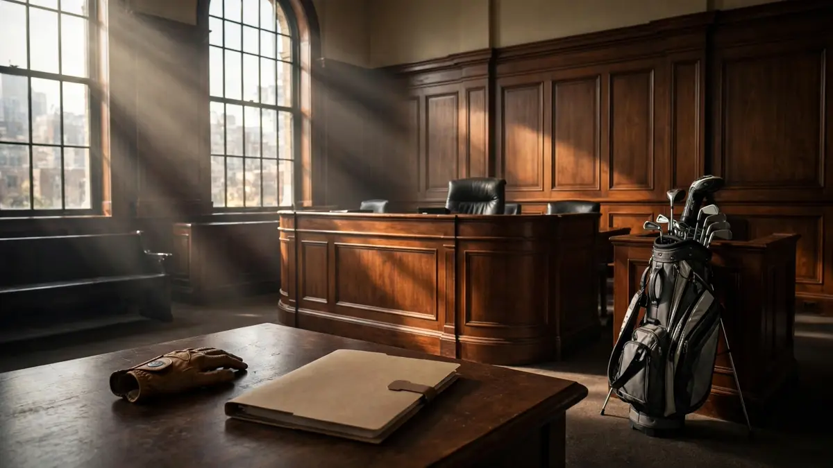 An empty wood-panelled courtroom with a golf bag leaning against the witness stand and a golf glove beside an unsigned contract folder on the counsel table, editorial graphic