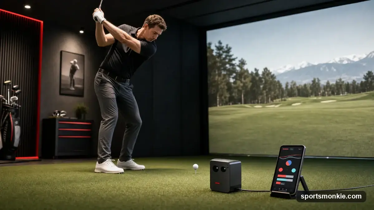 Rapsodo MLM2PRO launch monitor on its tripod behind a golf ball on an indoor simulator mat