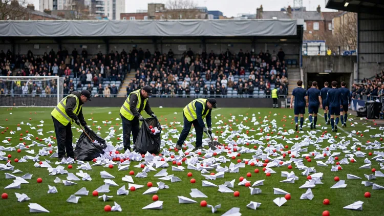 Generic stewards in hi-vis vests clearing hundreds of white paper planes and small red rubber balls from a football pitch while players in plain unbranded kits walk off toward the tunnel, editorial graphic