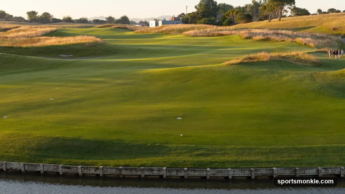 Red and yellow boundary stakes marking a water hazard beside a golf fairway