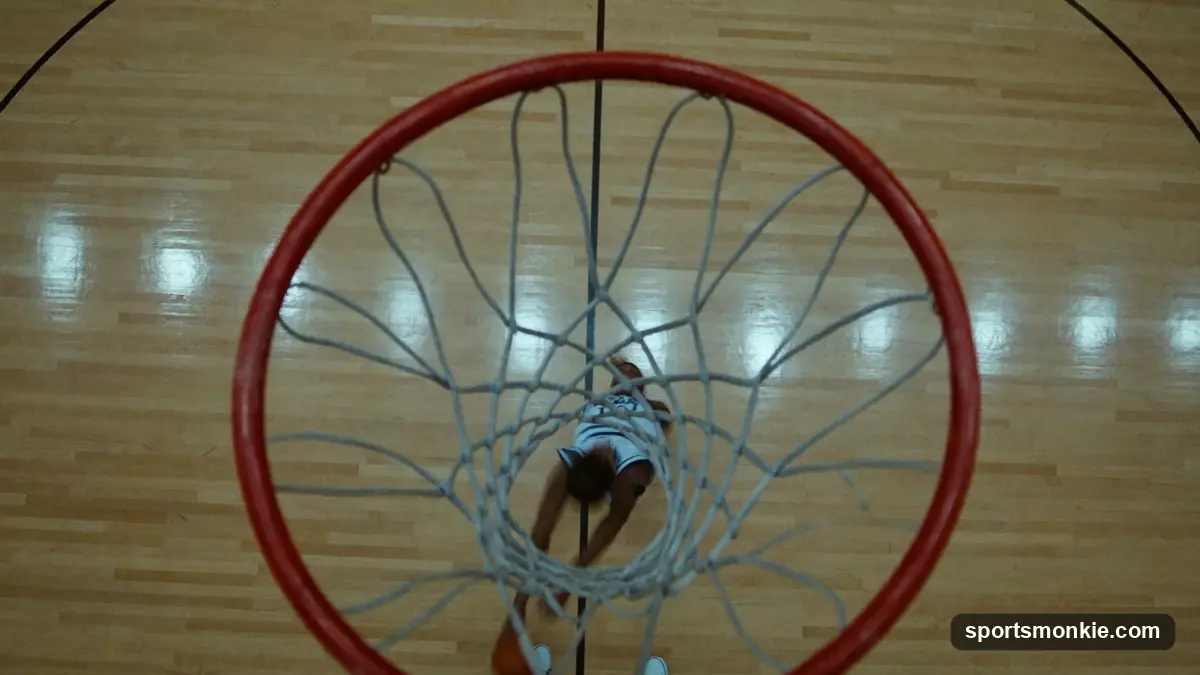 The painted restricted-area arc under a basketball hoop with players driving to the rim