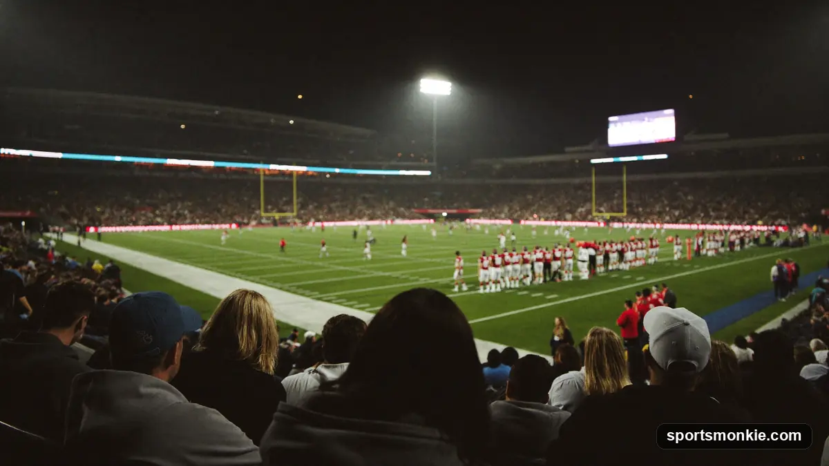 Spectators watching from the family seating section of an NFL stadium during a night game, players warming up on the field below under floodlights