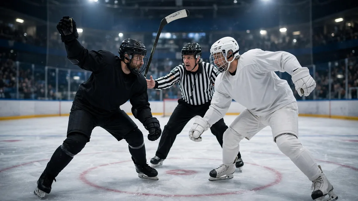 Two generic hockey players at a centre-ice faceoff, one raising his stick toward the other's neck area as a striped referee reaches in to intervene, editorial graphic