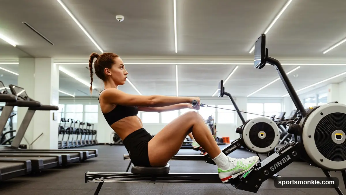 Person training on an indoor rowing machine in a home gym to lose weight
