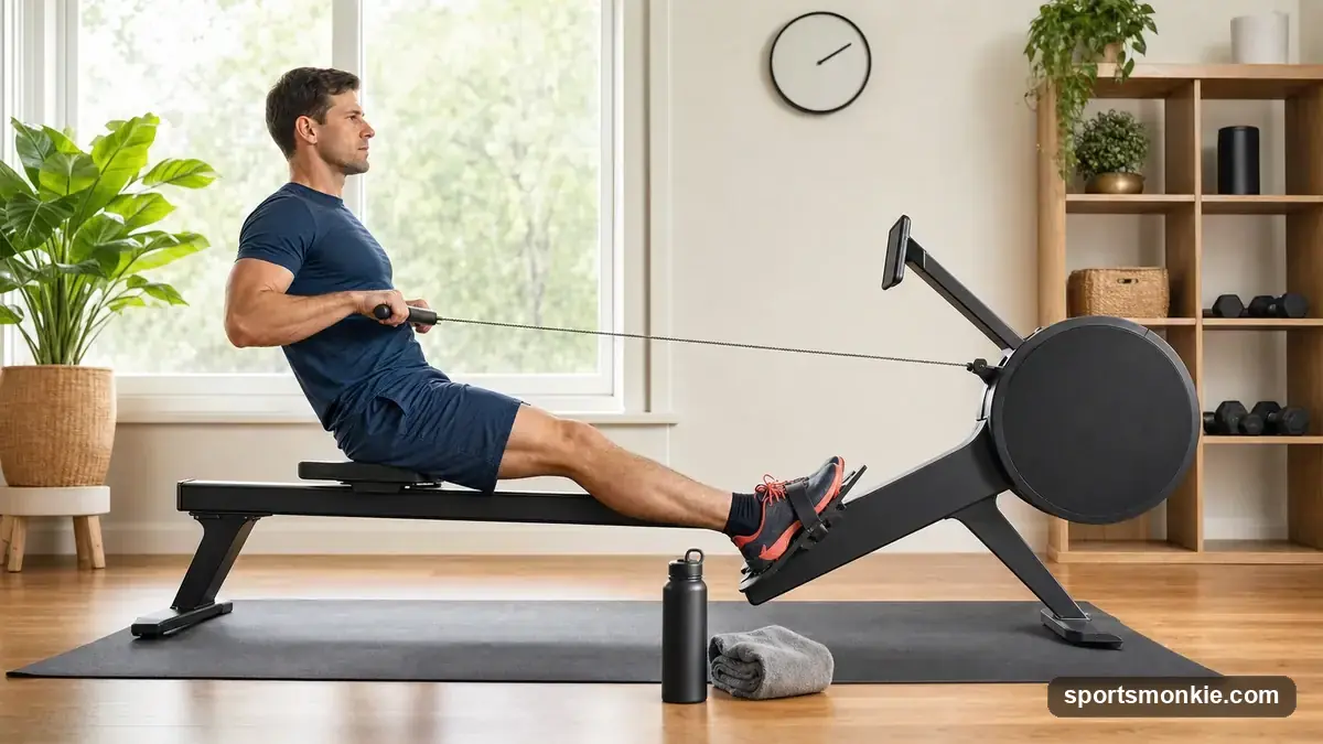 Person performing the drive phase of a rowing machine stroke in a gym