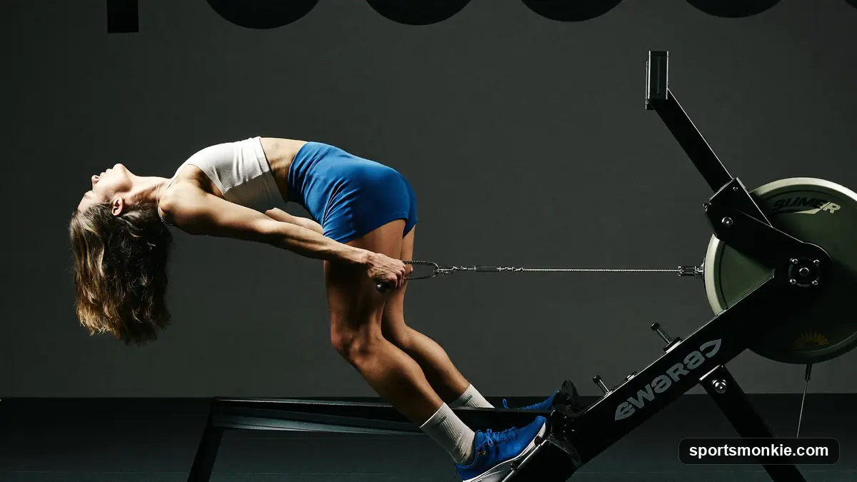 Diagram-style view of a rower showing legs, back, core and arm muscles working