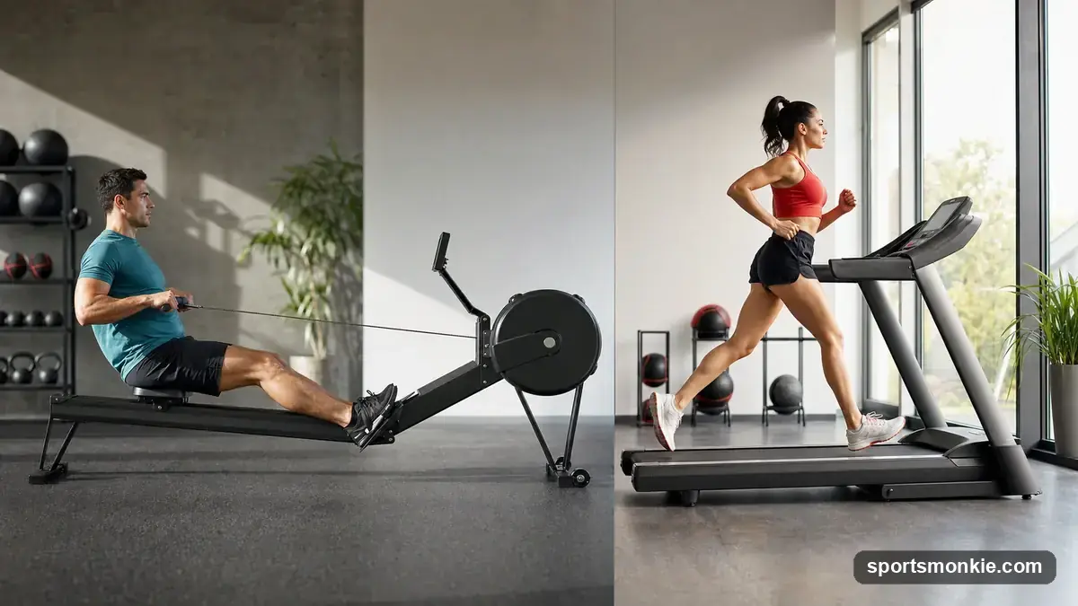 Split image of a person rowing on an indoor rowing machine and a person running outdoors on a road
