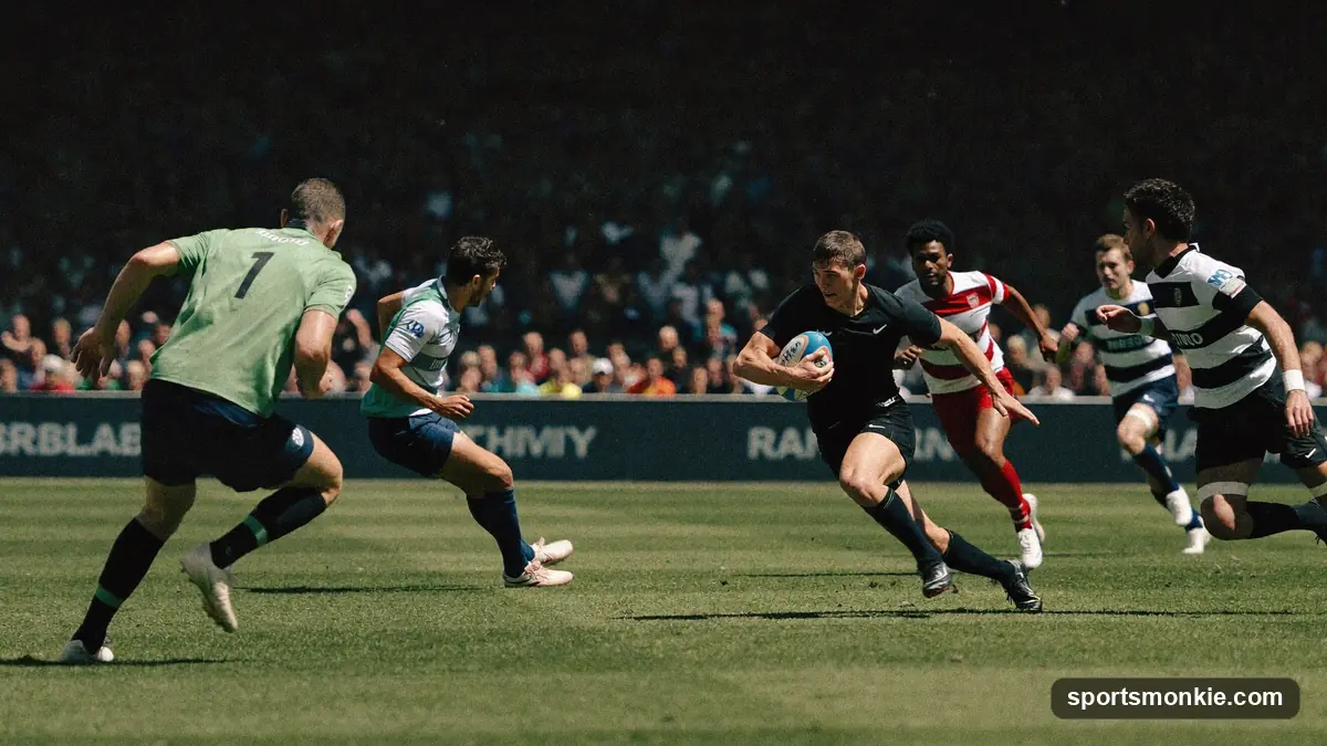 A rugby sevens player sprinting to score a try on an open pitch with few defenders