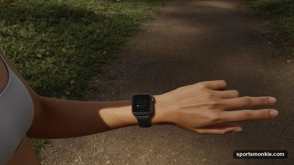 A runner checking heart-rate zones on a GPS watch during a training run