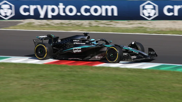 File photo from September 6, 2025: George Russell driving his Mercedes during qualifying for the Italian Grand Prix at Monza. It was not taken at the United States GP practice session. Licensed under CC BY 4.0.