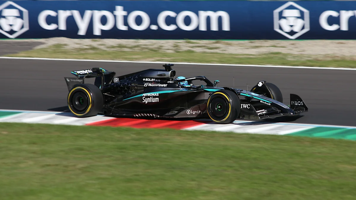 File photo from September 6, 2025: George Russell driving his Mercedes during qualifying for the Italian Grand Prix at Monza. It was not taken at the United States GP practice session. Licensed under CC BY 4.0.