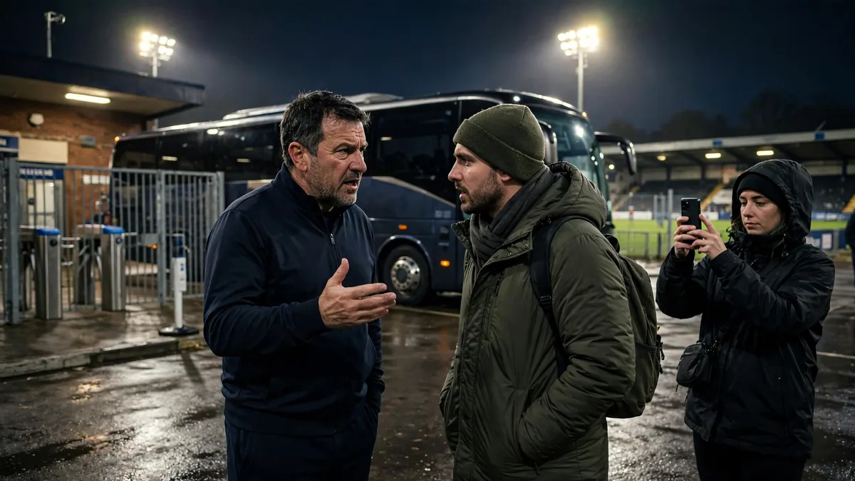 A generic football manager in a plain tracksuit in a frank conversation with a travelling fan outside a small floodlit stadium at night while another supporter films on a phone, editorial graphic