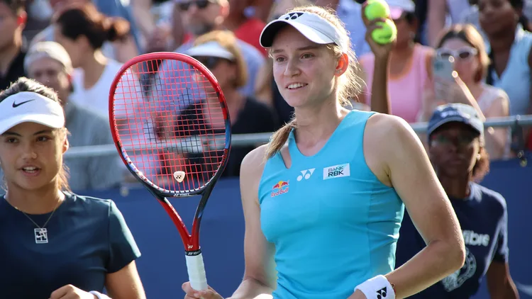 File photo from July 21, 2025: Elena Rybakina on court at the Washington Open, during a first-round doubles match. A file photo from last season, not a photograph of the Ningbo match. The cropped derivative is offered under the same CC BY-SA 4.0 licence.