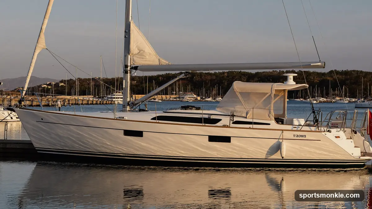 A marine surveyor inspecting the hull of a sailboat hauled out of the water on stands