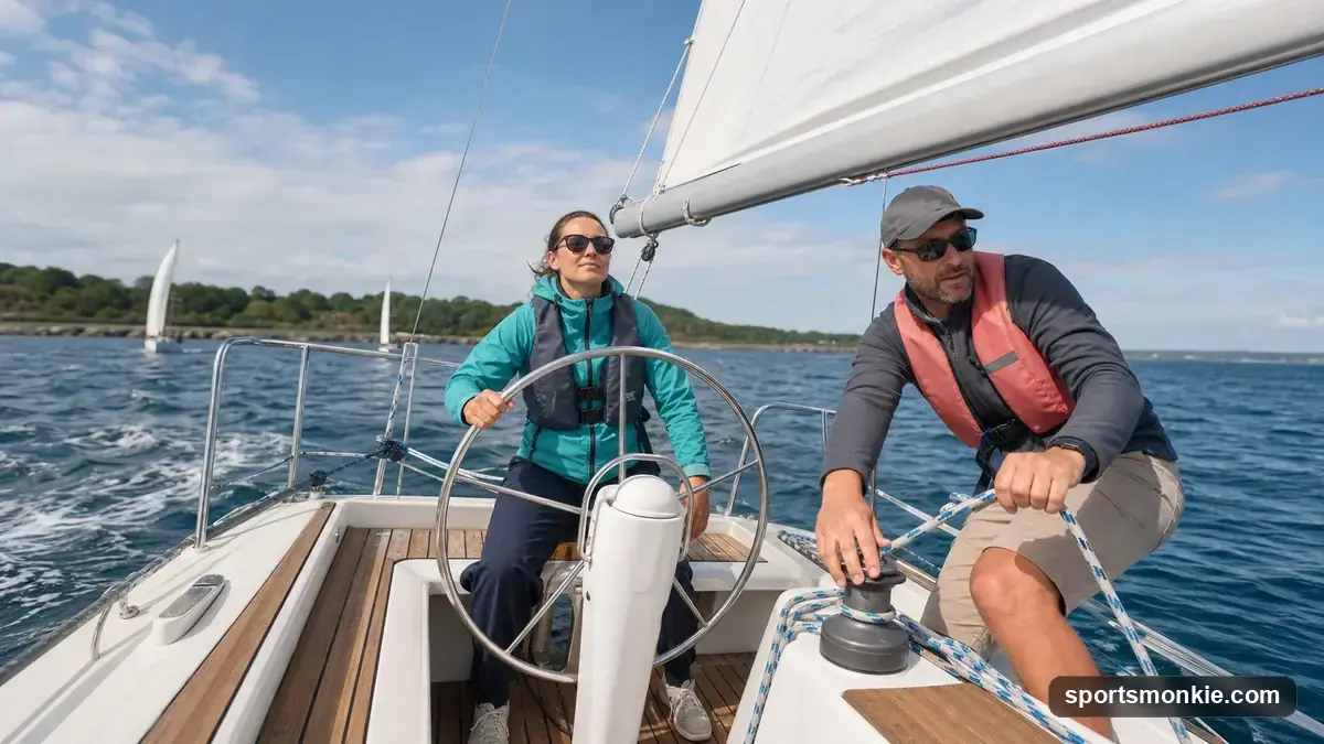 Beginner sailor at the helm of a small keelboat during a first sailing lesson