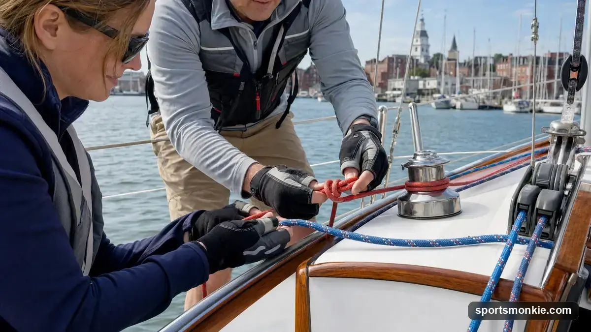 Beginner sailors trimming sails on a keelboat during a lesson, with a marina and yacht club docks in the background