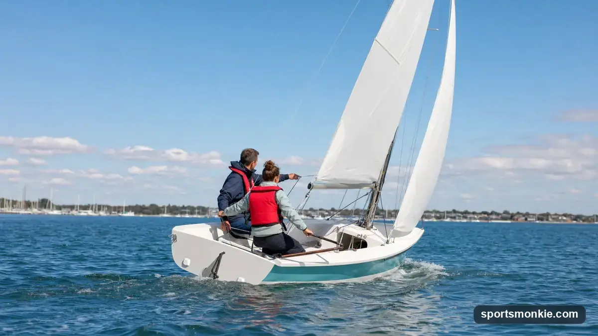 Beginner sailor and instructor trimming sails together during a US Sailing Basic Keelboat lesson