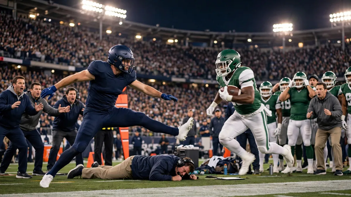 A placekicker in an unbranded navy uniform extending a leg toward a ball carrier in green and white sprinting past along the sideline, with a coach toppled on the ground behind them in a packed stadium, editorial graphic