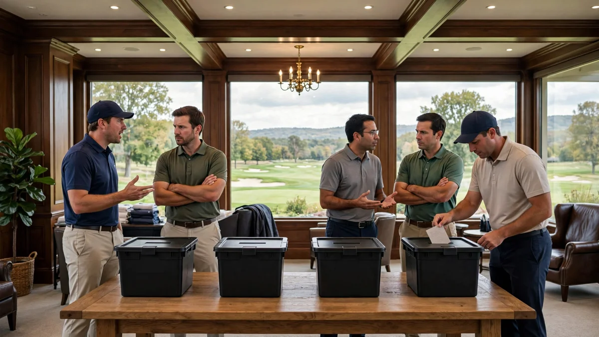 Generic golfers debating in small divided groups in a clubhouse with four plain ballot boxes on a table and a golf course through the windows, editorial graphic