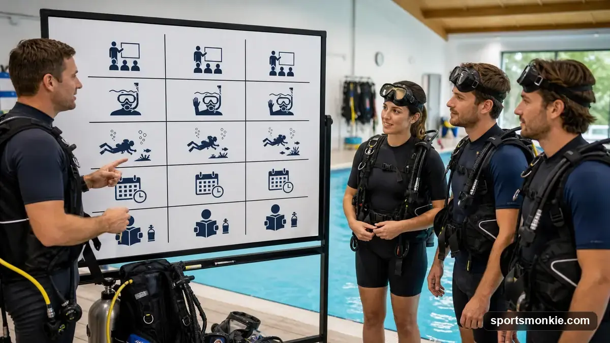 PADI, SSI, and NAUI certification cards laid side by side next to a dive logbook and mask