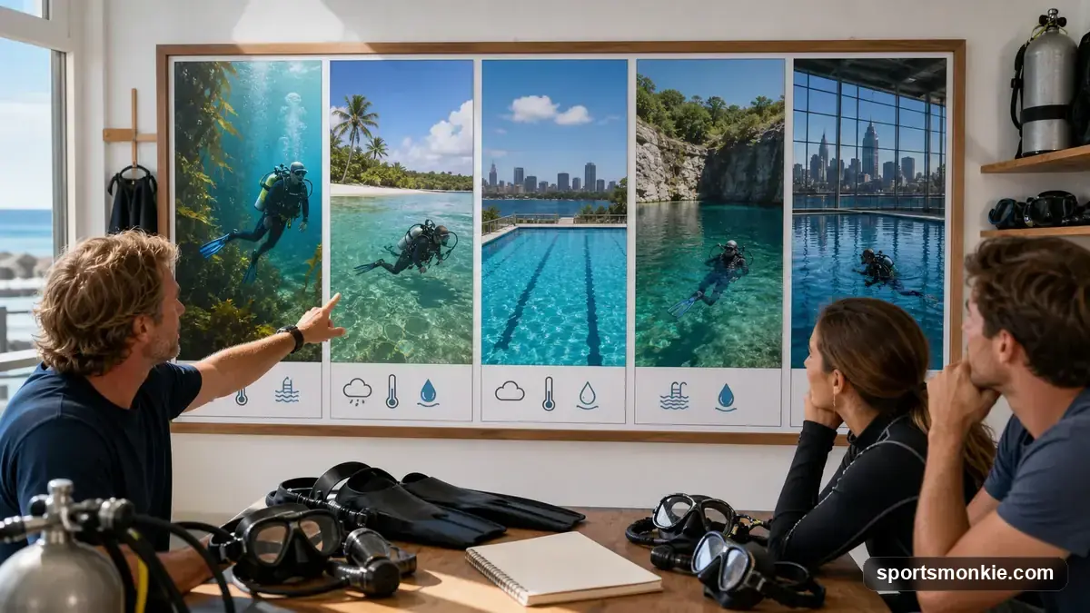 Map comparison of scuba certification checkout-dive locations in San Diego, Florida, Chicago, Austin and NYC