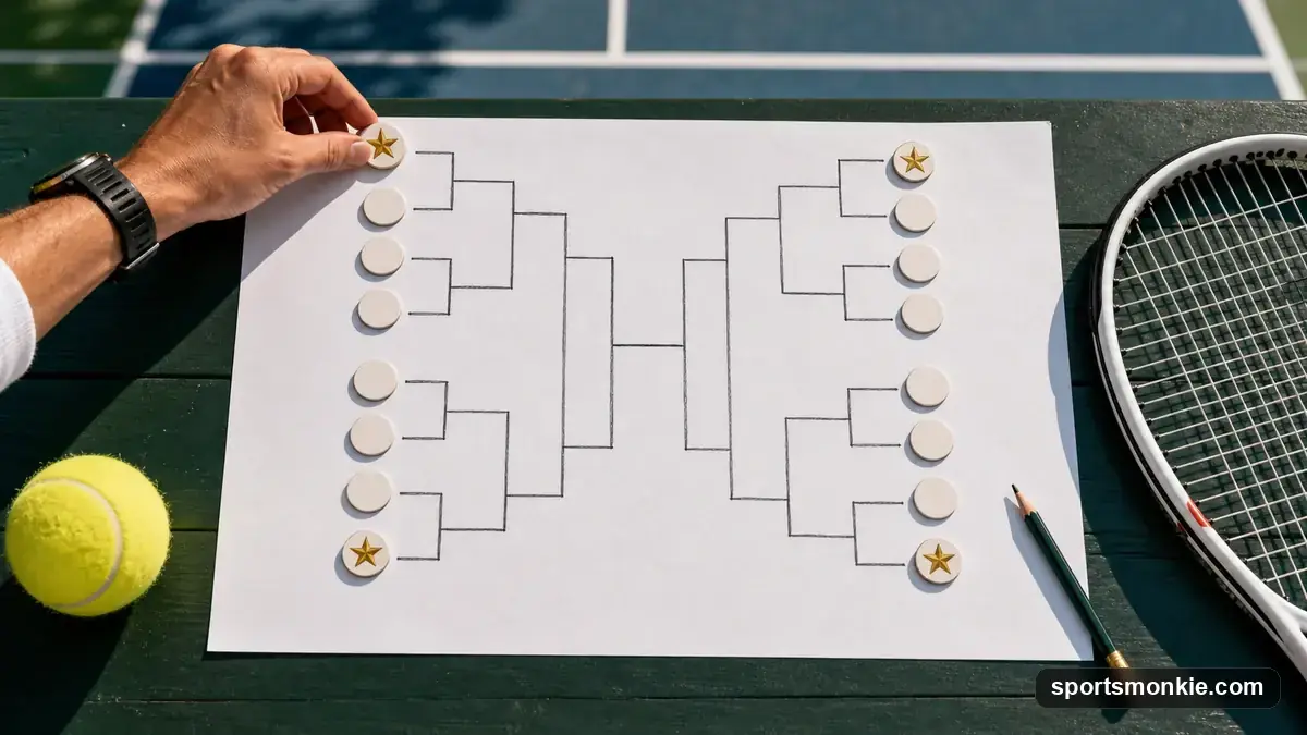 A hand-sketched tournament draw bracket on paper beside a tennis ball and racket, natural light